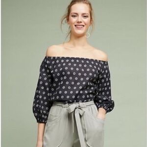 Anthropologie MAEVE Boho off the Shoulder Dark Gray Printed Top Size XS